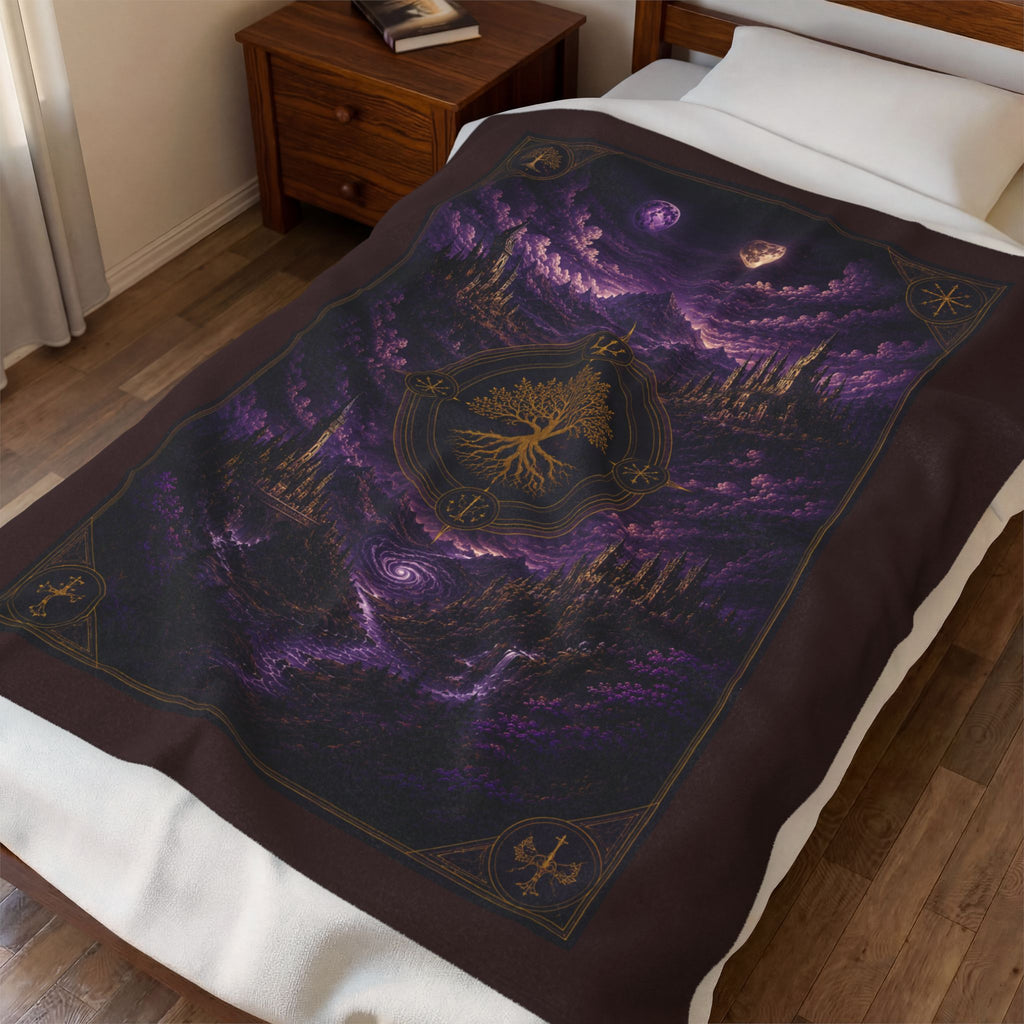 Mystic Tree of Life Velveteen Plush Blanket – Purple Moonlit Forest Throw