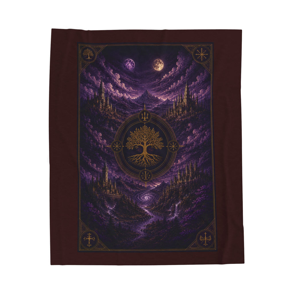 Mystic Tree of Life Velveteen Plush Blanket – Purple Moonlit Forest Throw