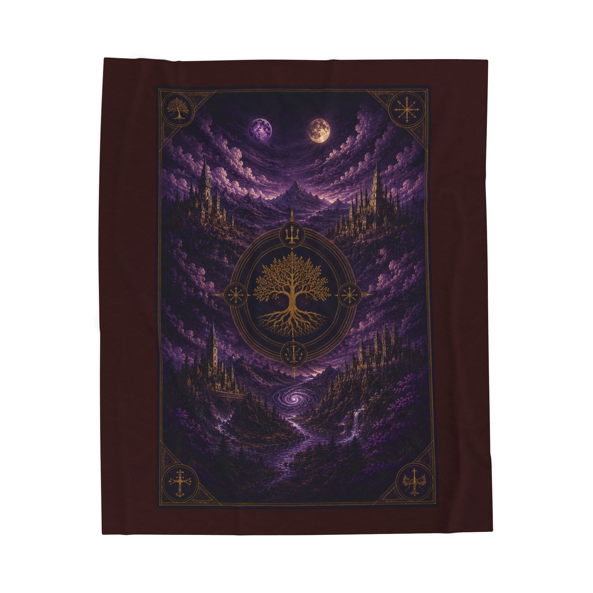 Mystic Tree of Life Velveteen Plush Blanket – Purple Moonlit Forest Throw