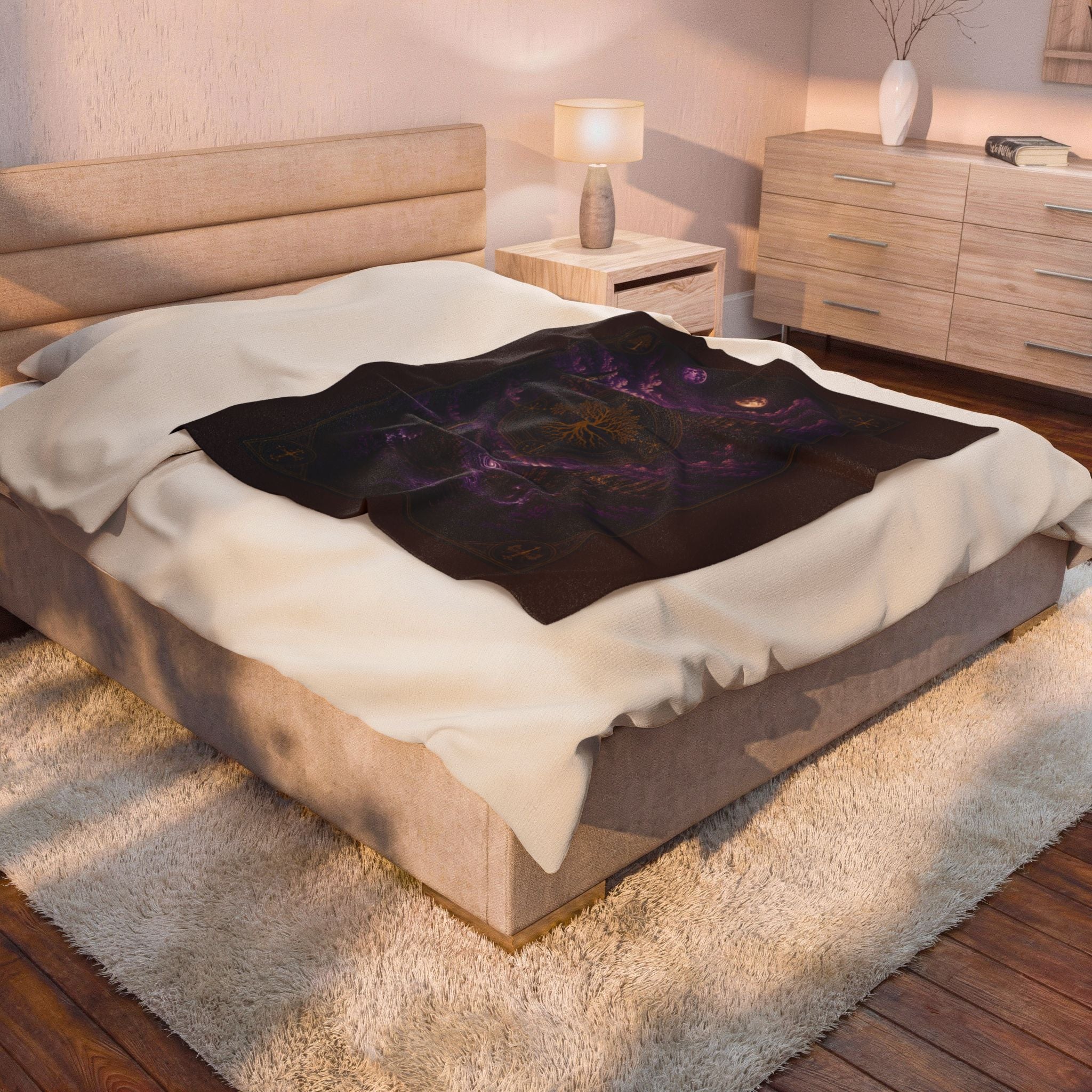 Mystic Tree of Life Velveteen Plush Blanket – Purple Moonlit Forest Throw